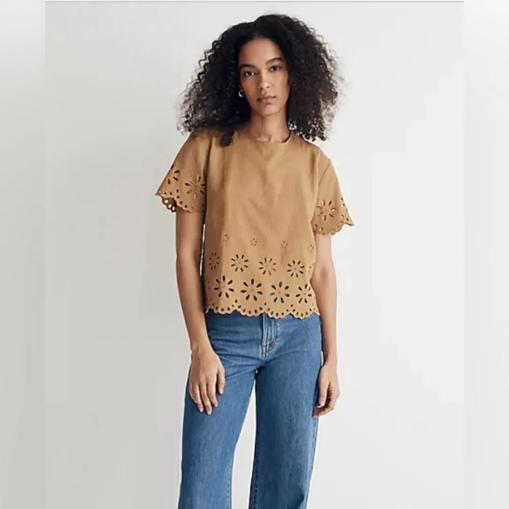 MADEWELL Floral Eyelet Crop Top Scalloped Hem Olive Green 2xL